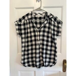 Loft Women's S Linen Blend Gingham Dolman Henley Top Buffalo Plaid Black White